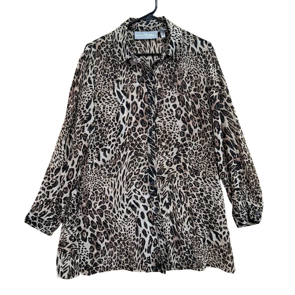 Travelers by Chicos Womens Blouse Brown Tan Black Leopard Sheer Long Sleeve 1(M)